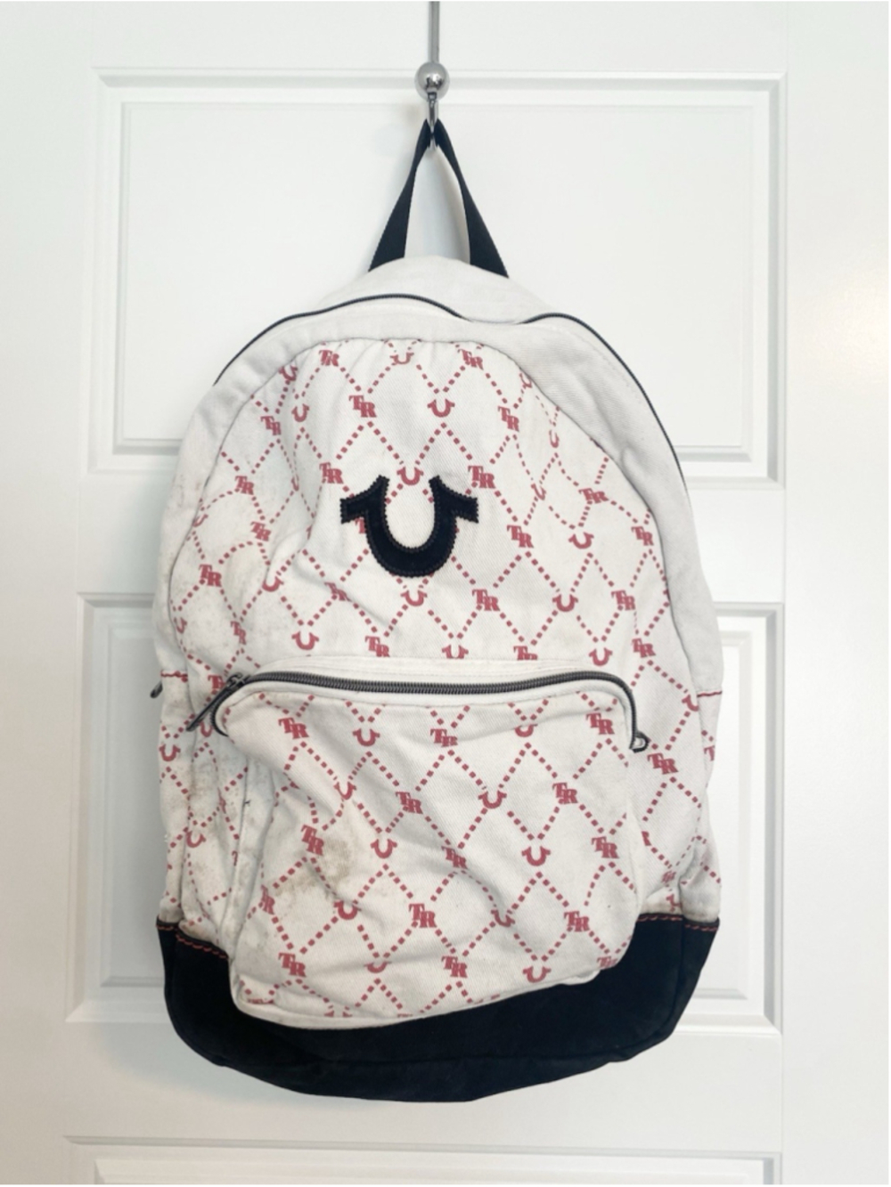 True Religion Backpack White Red Monogram Horseshoe Logo Denim Distressed